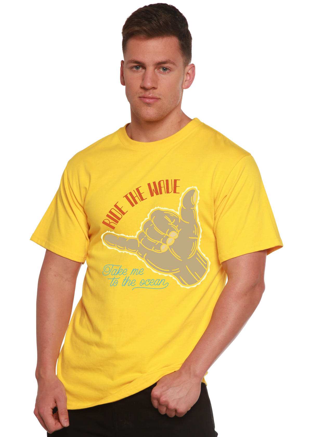 Ride The Wave men's graphic T-shirt in yellow bamboo viscose/organic cotton blend short sleeve on Tampa Home & Garden Store
