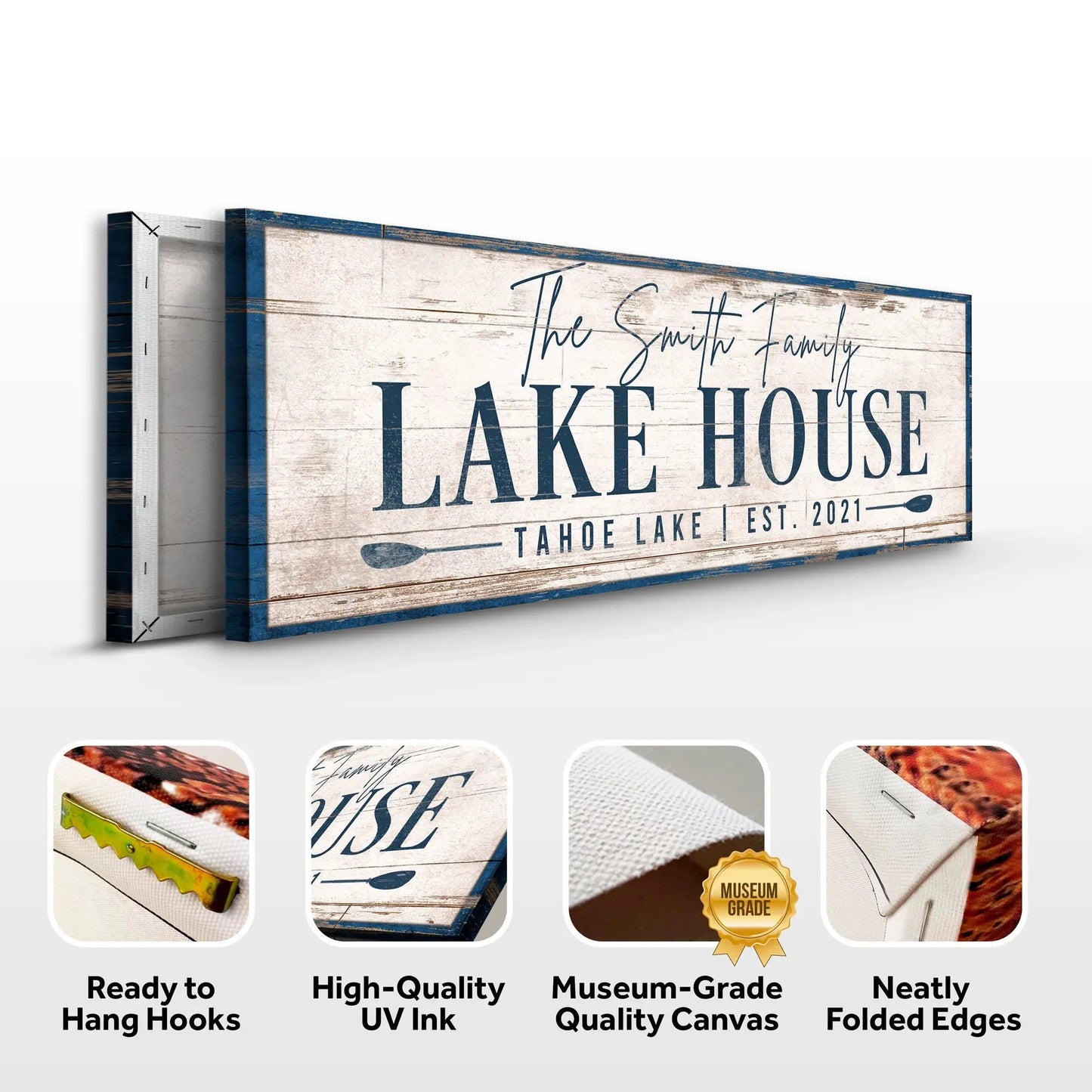 Personalized Lake House Sign V canvas by Tailored Canvases with rustic wood texture and blue frame on Tampa Home & Garden Store