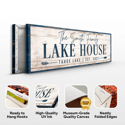 Personalized Lake House Sign V canvas by Tailored Canvases with rustic wood texture and blue frame on Tampa Home & Garden Store