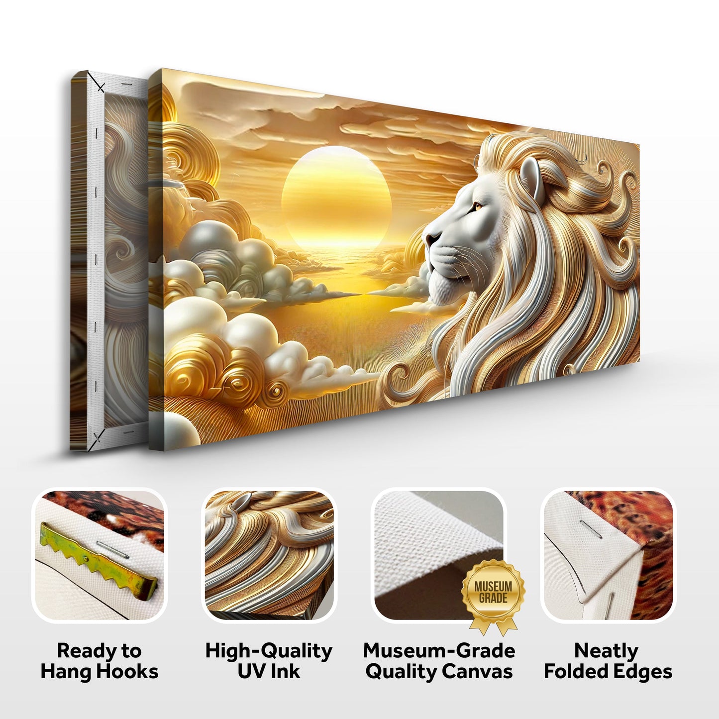 3D Majestic Lion Wall Art V canvas by Tailored Canvases, golden sunset scene with flowing mane on Tampa Home & Garden Store