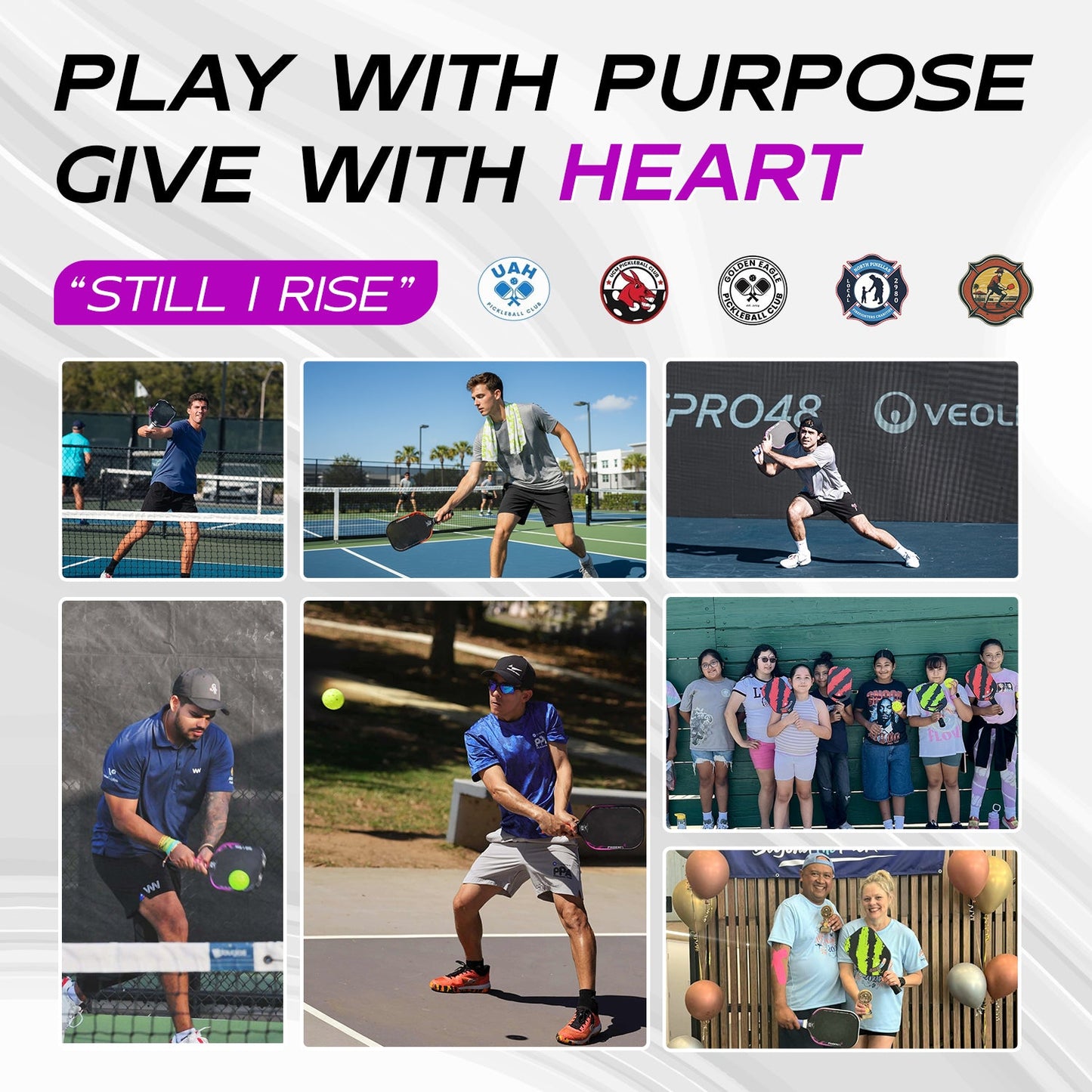 Phoenix pickleball paddle 13.3mm by Warping Point shown in a collage of players on courts on Tampa Home & Garden Store
