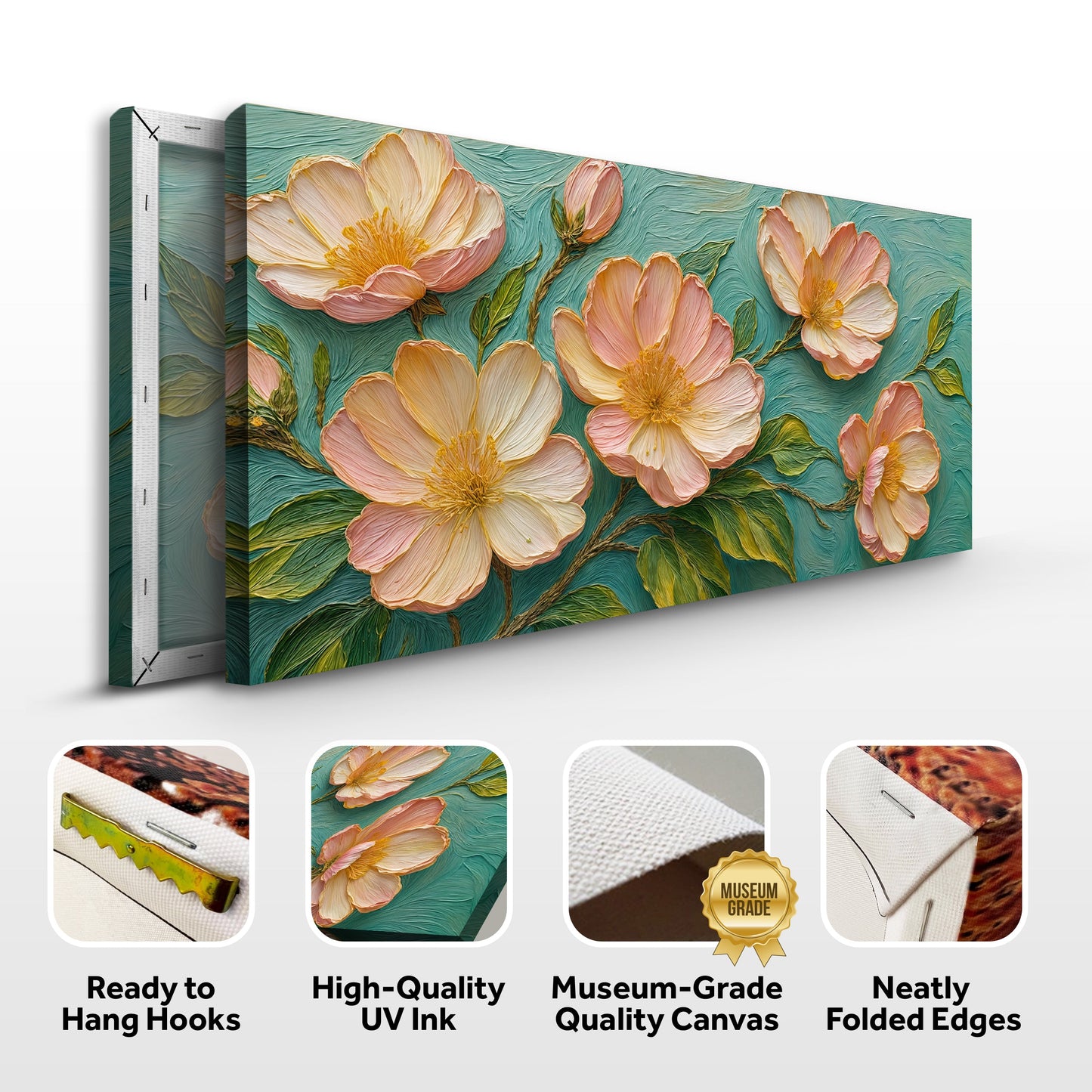 Blossoms Serenade Canvas by Tailored Canvases, pink blossoms on teal textured background on Tampa Home & Garden Store