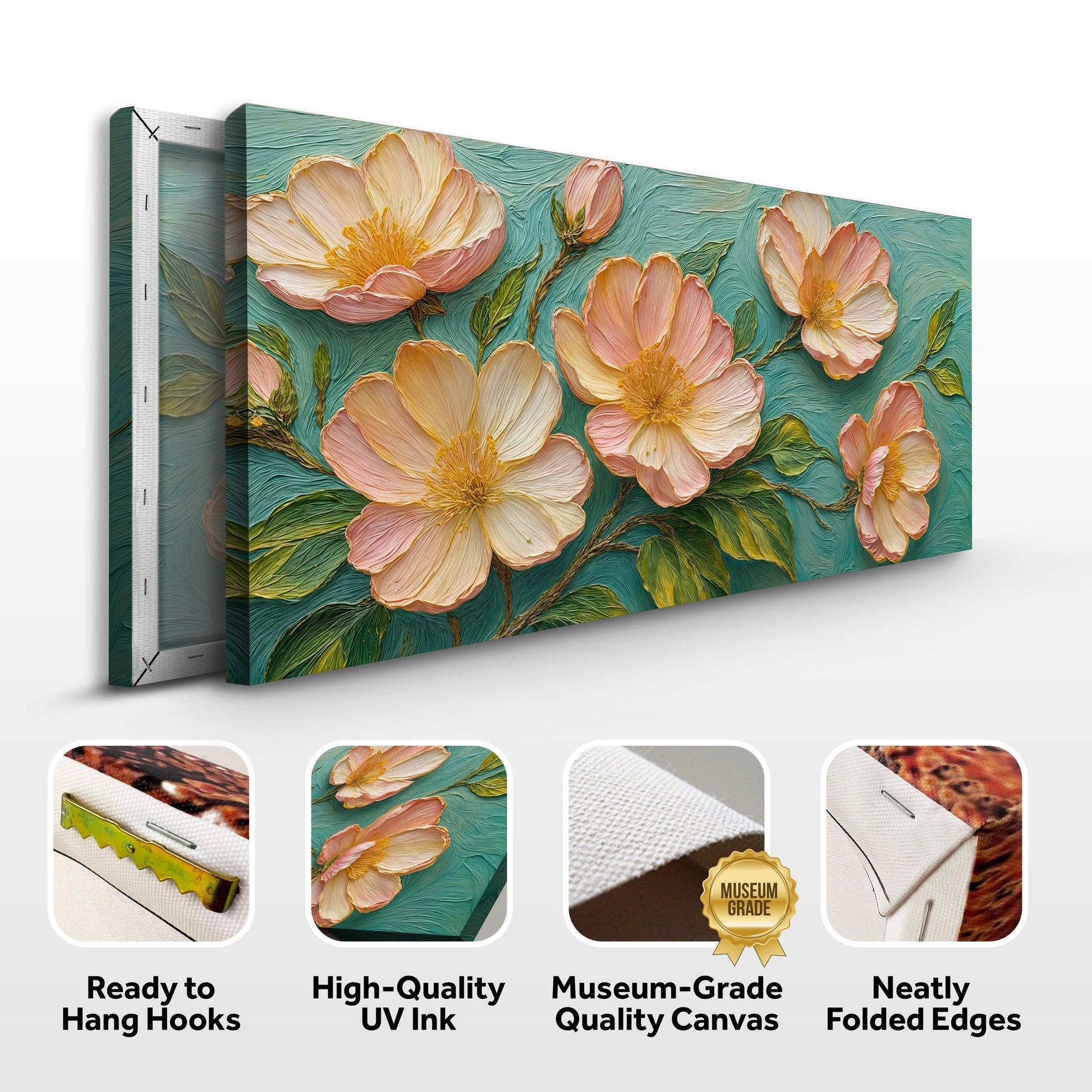 Blossoms Serenade Canvas by Tailored Canvases, pink blossoms on teal textured background on Tampa Home & Garden Store