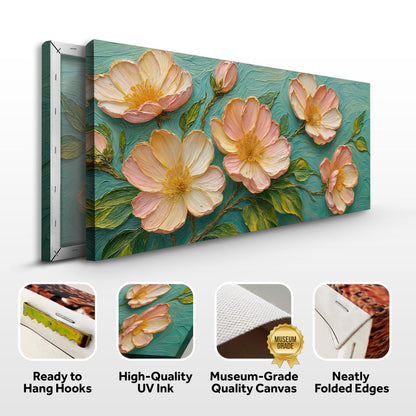 Blossoms Serenade Canvas by Tailored Canvases, pink blossoms on teal textured background on Tampa Home & Garden Store
