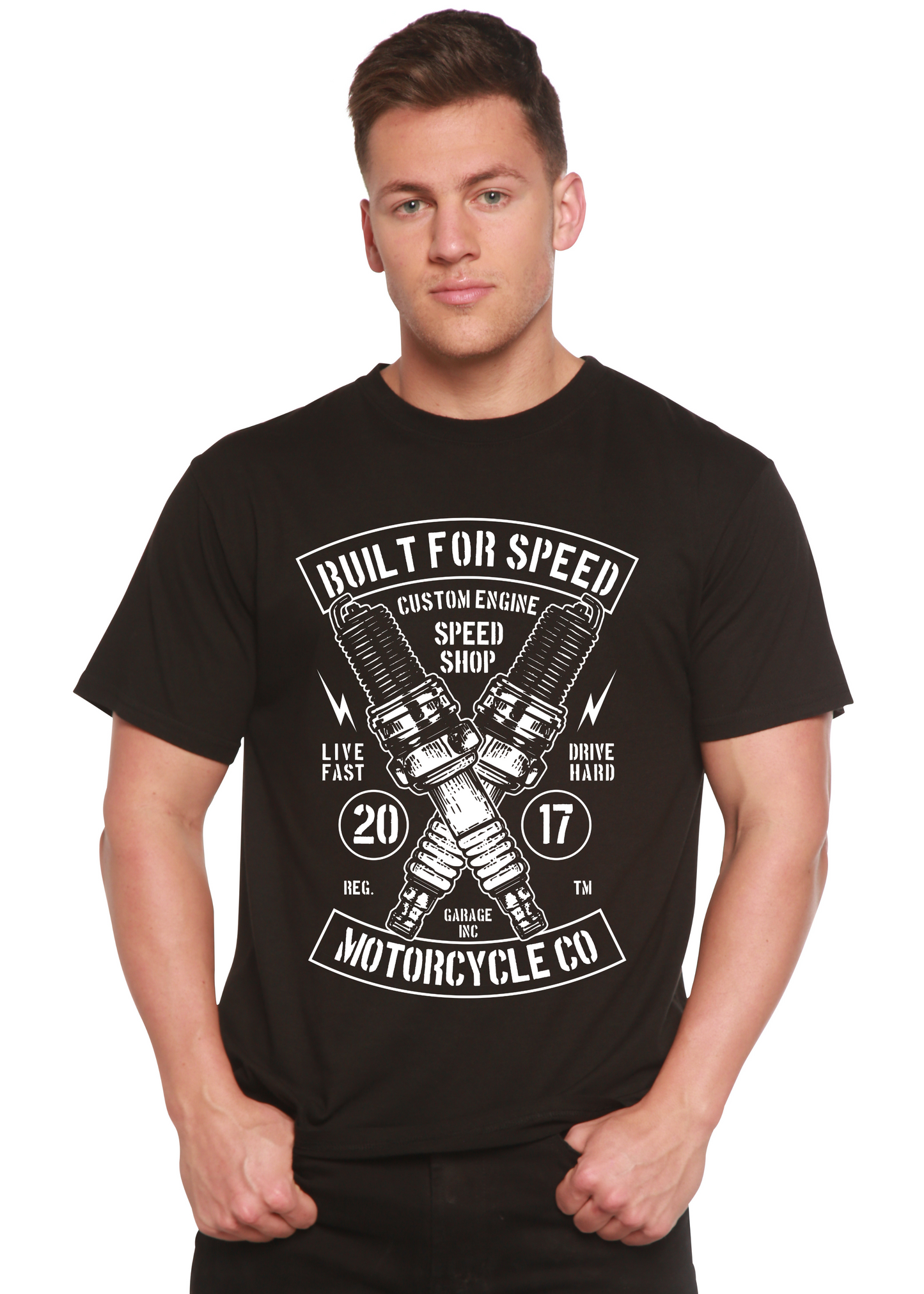 Men's black graphic T-shirt with crossed piston design and Built For Speed text on Tampa Home & Garden Store