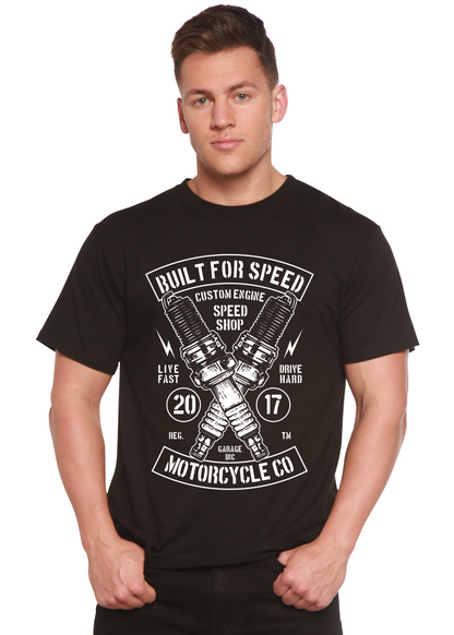 Men's black graphic T-shirt with crossed piston design and Built For Speed text on Tampa Home & Garden Store