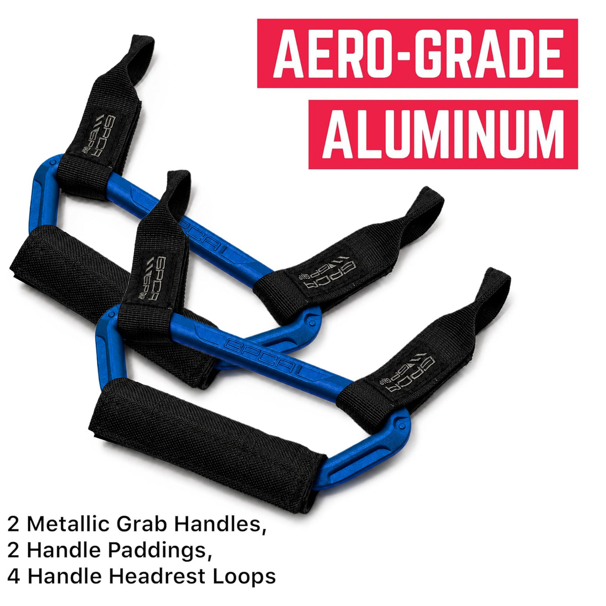 GPCA Back Grip PRO Headrest Handles for Tesla S/3/Y, blue metallic grab bars with black straps on Tampa Home & Garden Store