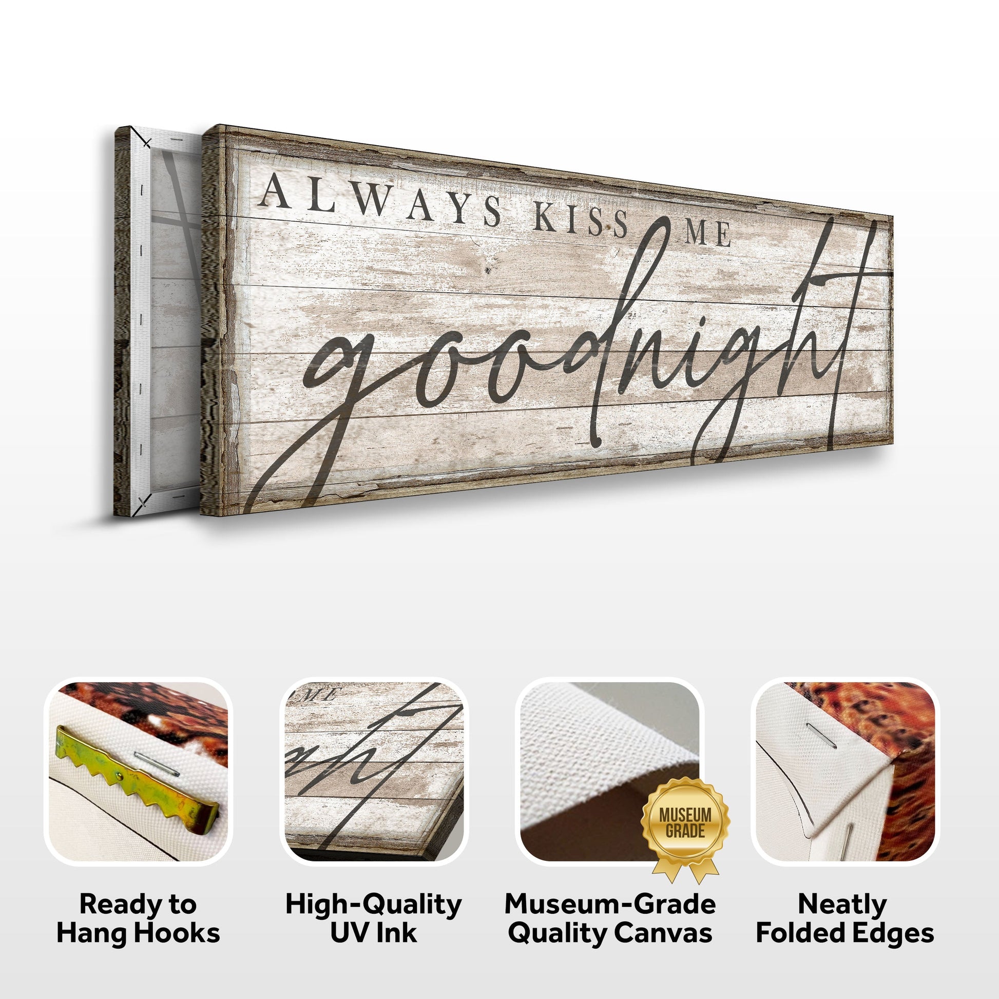 Always Kiss Me Goodnight Bedroom Sign II canvas by Tailored Canvases, rustic wood crafting on Tampa Home & Garden Store