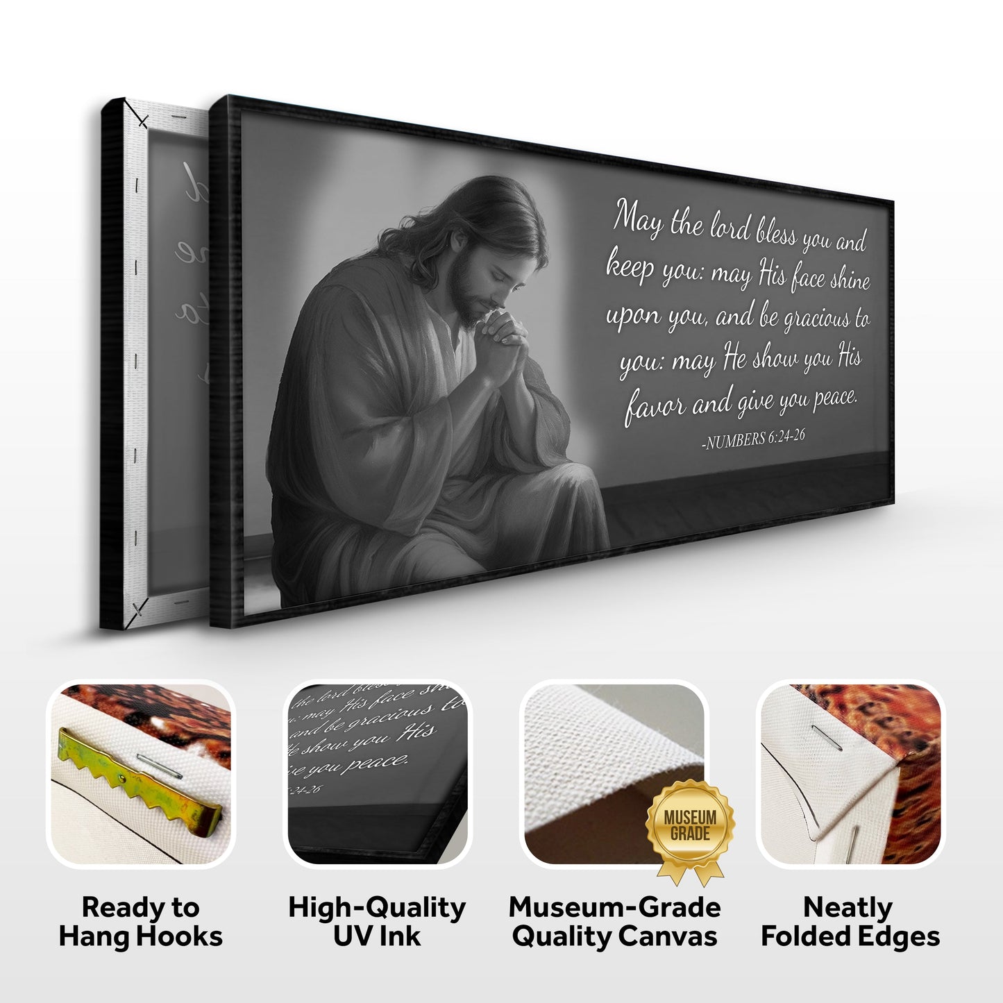 Black-framed crafting canvas wall art with Numbers 6:24-26 verse and praying figure on Tampa Home & Garden Store
