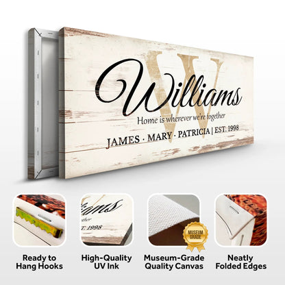 Personalized Family Sign XI canvas by Tailored Canvases; rustic wood backdrop with black script on Tampa Home & Garden Store