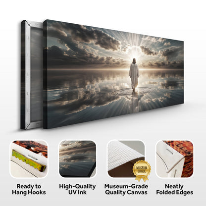 Walking on Water Faith Wall Art III canvas triptych with figure in white robes at sunrise on Tampa Home & Garden Store