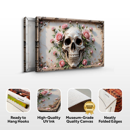 3D Rose And Skull Wall Art V canvas by Tailored Canvases, skull centerpiece with pink roses on Tampa Home & Garden Store