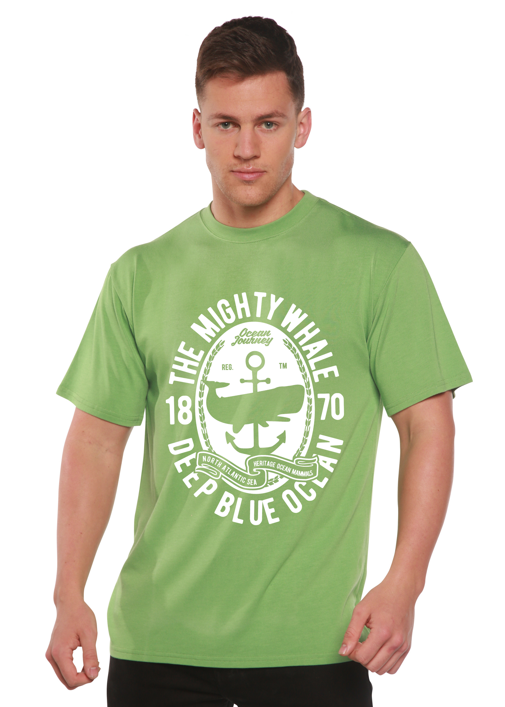 The Mighty Spun Bamboo green men's bamboo short-sleeve tee with white graphic emblem on Tampa Home & Garden Store