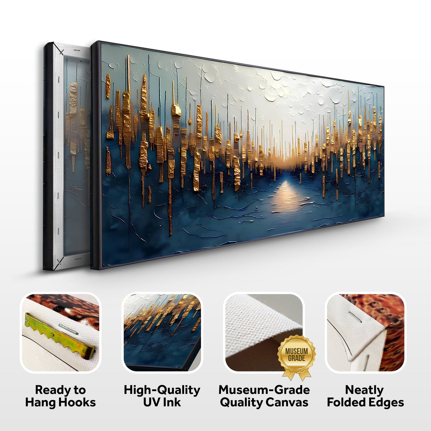 Golden Forest Reflection Abstract Canvas by Tailored Canvases with gold skyline on blue water on Tampa Home & Garden Store
