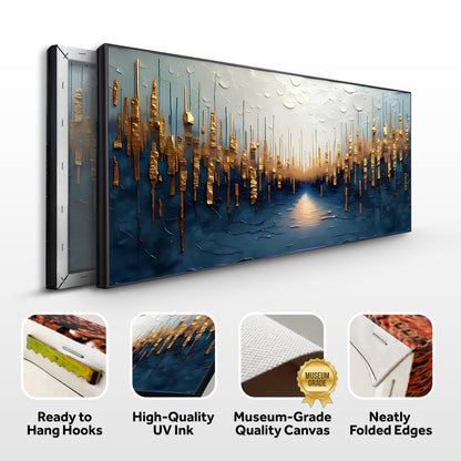 Golden Forest Reflection Abstract Canvas by Tailored Canvases with gold skyline on blue water on Tampa Home & Garden Store