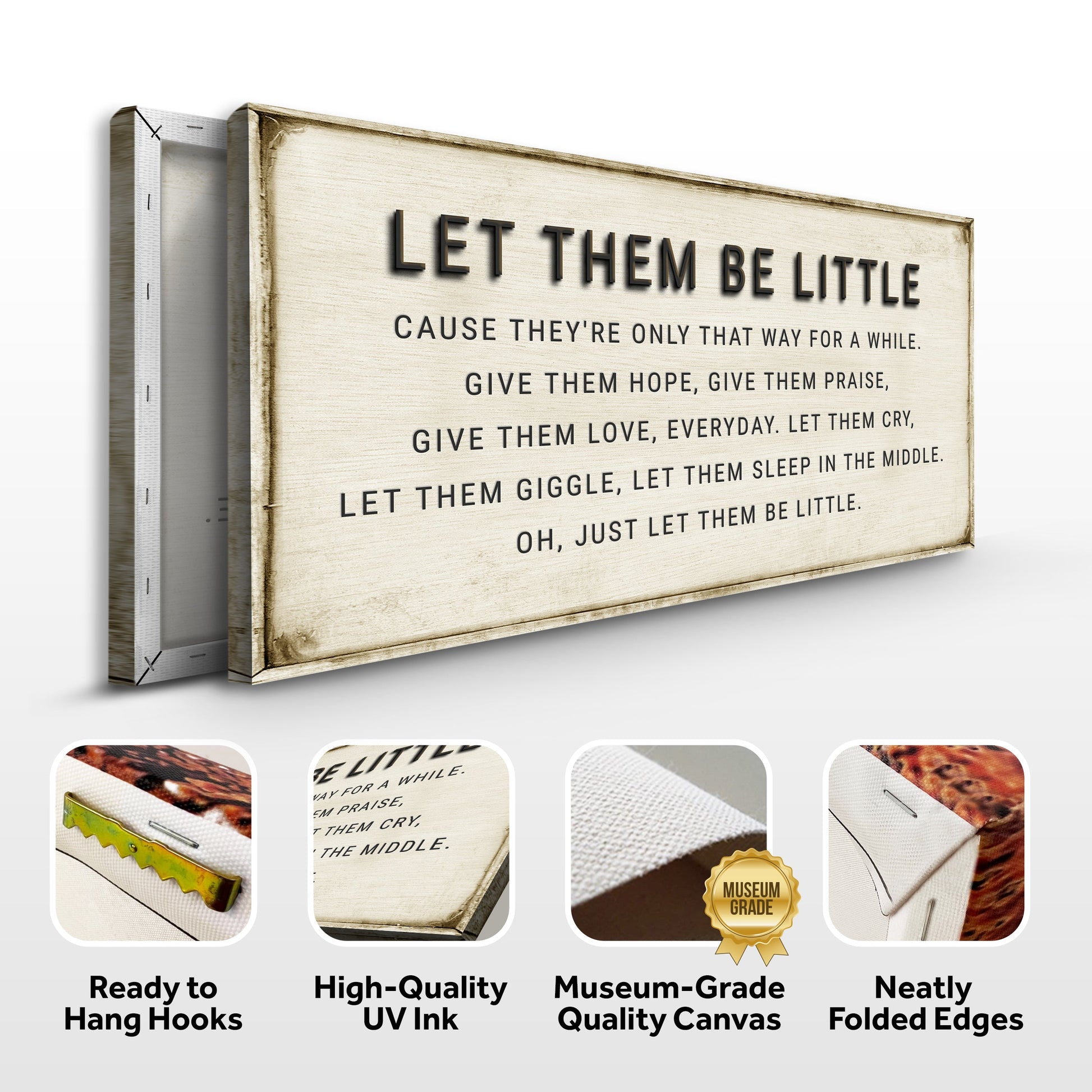 Let Them Be Little Playroom Sign canvas with rustic cream wood frame Tailored Canvases on Tampa Home & Garden Store