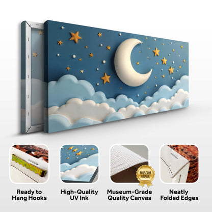 Celestial Serenade Wall Art Canvas by Tailored Canvases in blue night sky with moon & stars on Tampa Home & Garden Store