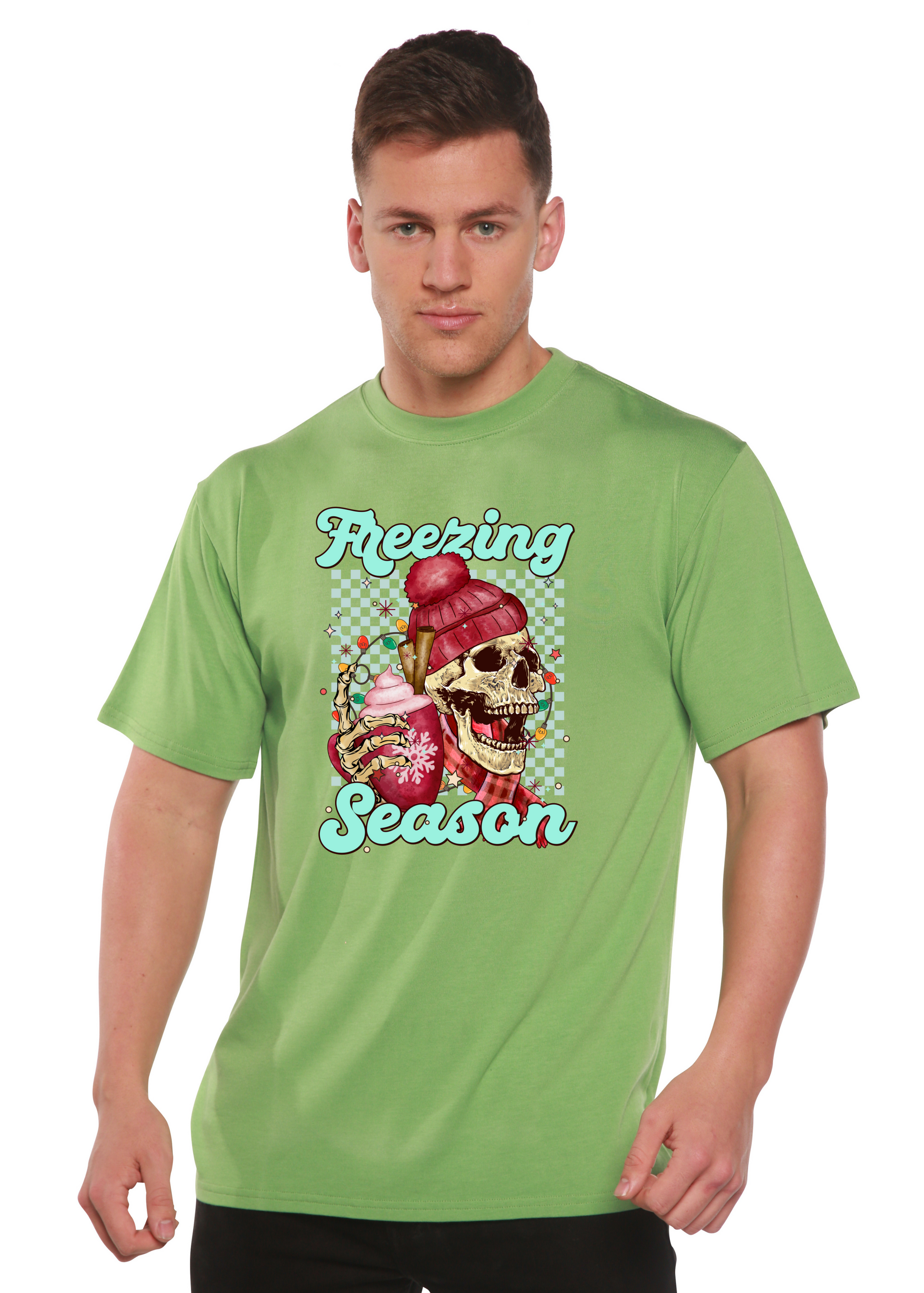 Unisex Freezing Season graphic tee in lime green bamboo viscose/organic cotton fabric on Tampa Home & Garden Store
