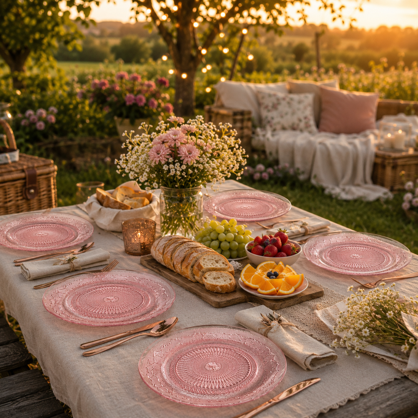 Blush Vintage Glass Plates and a Set of Six