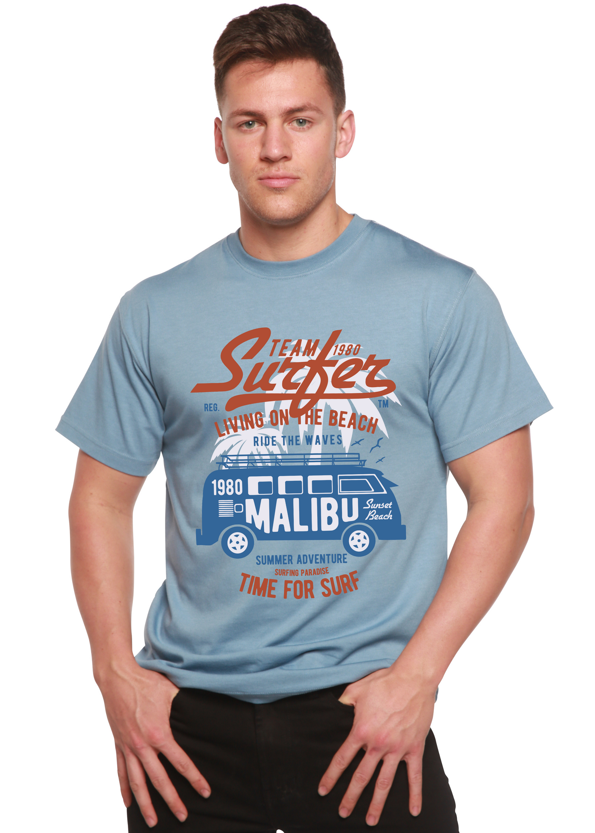 Team Surfer Spun Bamboo men's light blue short sleeve graphic T-shirt with retro surf van print on Tampa Home & Garden Store