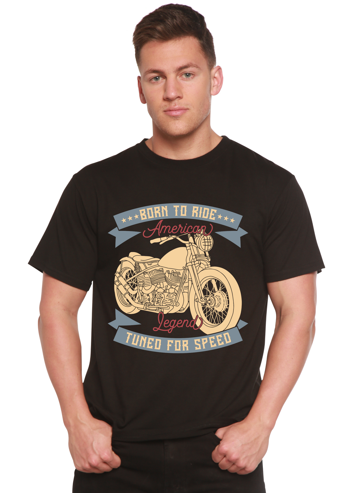 Born To Ride American Legend men's bamboo T-shirt black with motorcycle print Spun Bamboo on Tampa Home & Garden Store