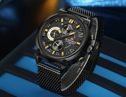 Men's multifunction analog quartz watch with stainless steel mesh band, black dial waterproof on Tampa Home & Garden Store