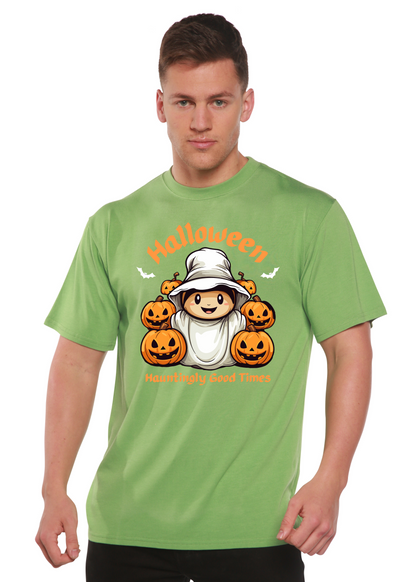 Men's Spun Bamboo green bamboo viscose/organic cotton Halloween graphic T-shirt with pumpkins on Tampa Home & Garden Store
