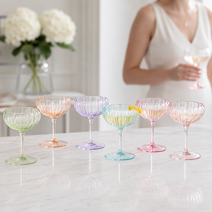 Set of six bright flower coupe cocktail glasses