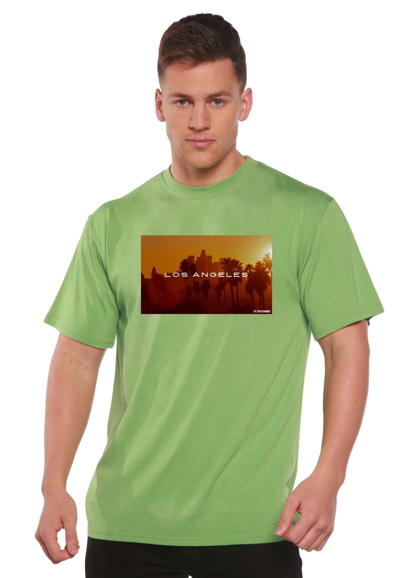Los Angeles graphic unisex short sleeve tee in green with palm skyline, by Spun Bamboo on Tampa Home & Garden Store