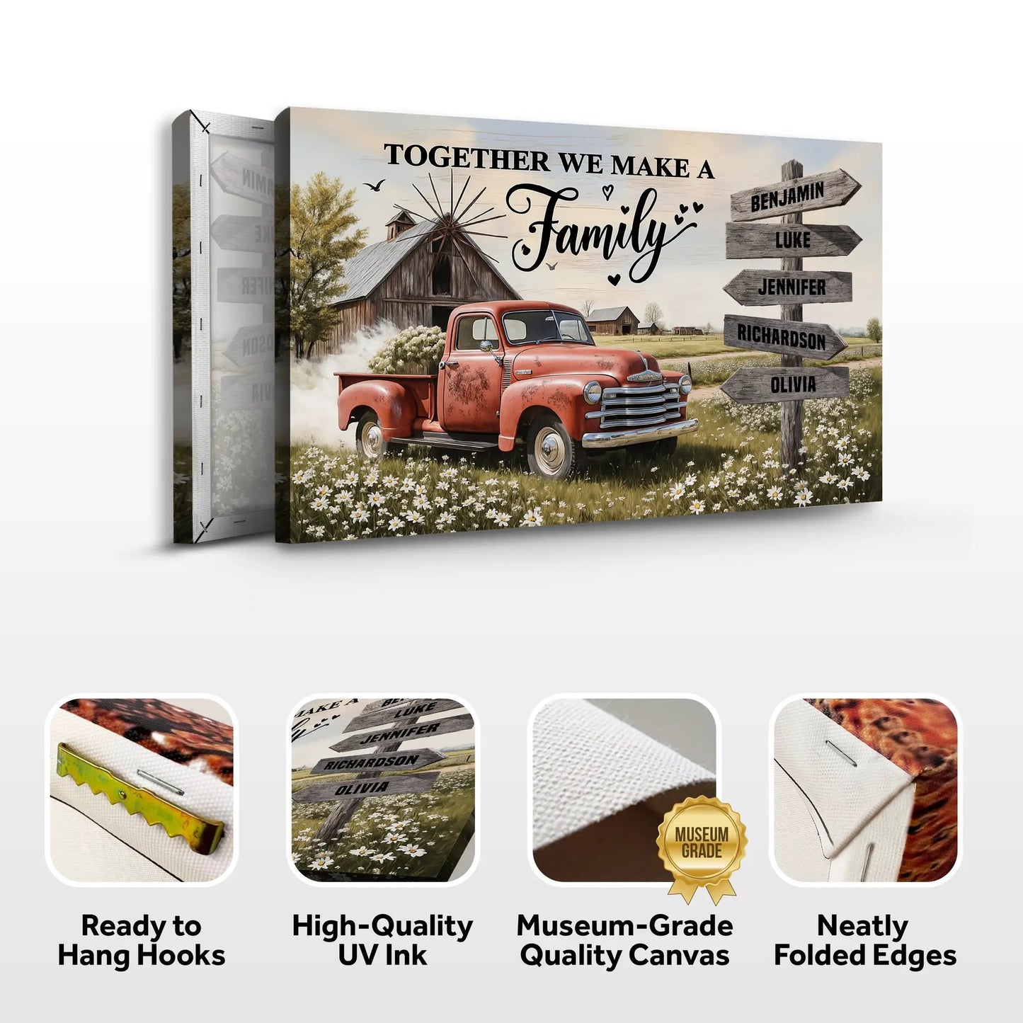 Personalized Family Farmhouse Old Truck Wall Art canvas with red truck by barn and family signs on Tampa Home & Garden Store