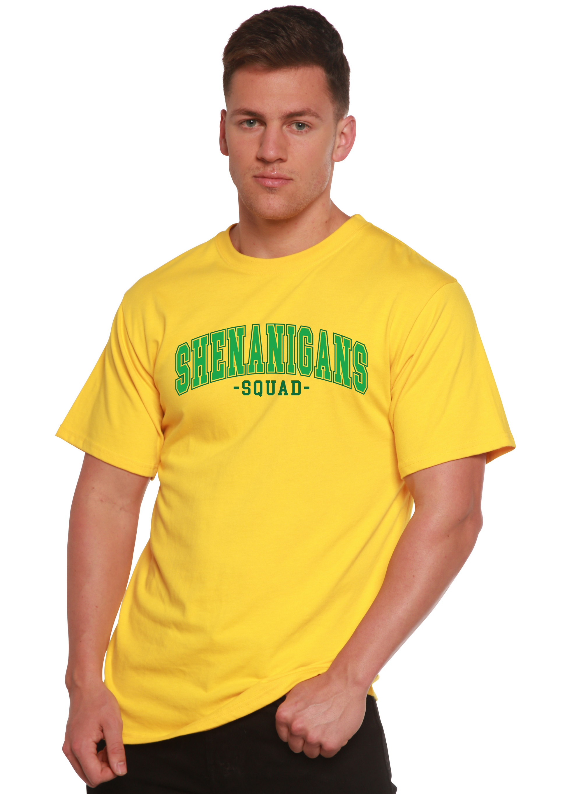 Shenanigans Squad unisex bamboo/cotton graphic T-shirt yellow with green print by Spun Bamboo on Tampa Home & Garden Store