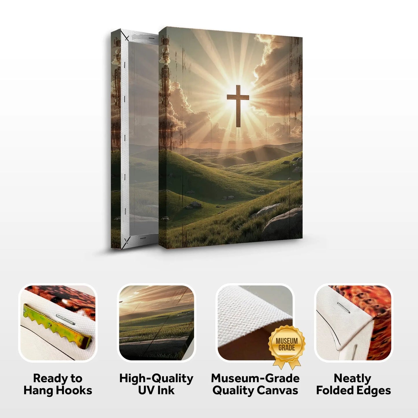 Amazing Grace Wall Sign canvas with a wooden cross and radiant sun over rolling hills on Tampa Home & Garden Store