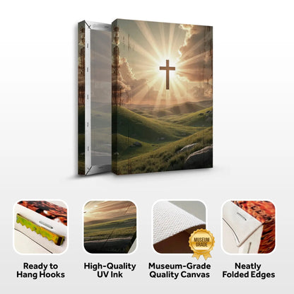 Amazing Grace Wall Sign canvas with a wooden cross and radiant sun over rolling hills on Tampa Home & Garden Store