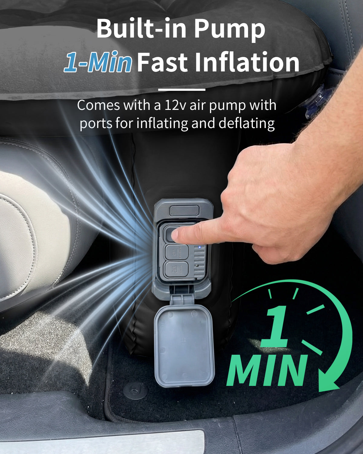 Umbrauto Back Seat Car Air Mattress with built-in pump, cordless 1-click setup, gray surface on Tampa Home & Garden Store