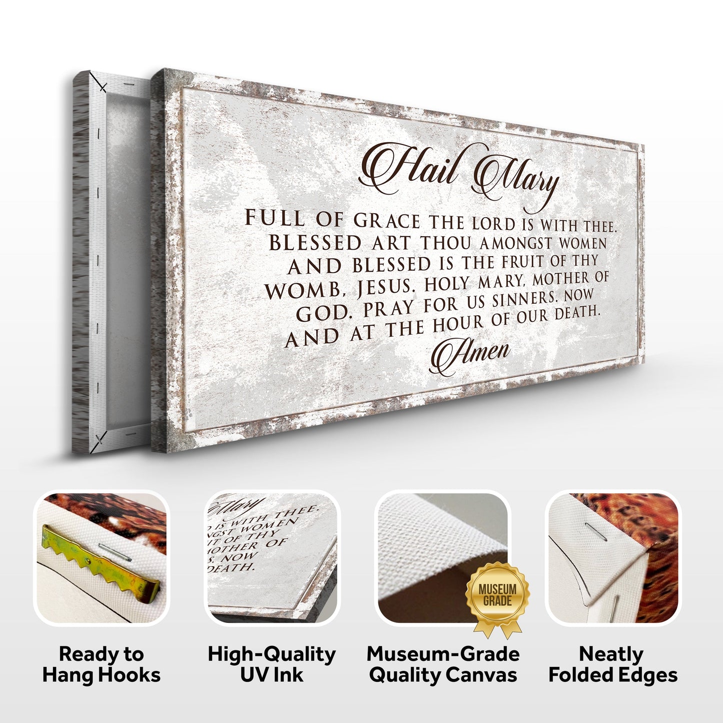 The Hail Mary Faith Sign II canvas by Tailored Canvases with a distressed rustic frame on Tampa Home & Garden Store