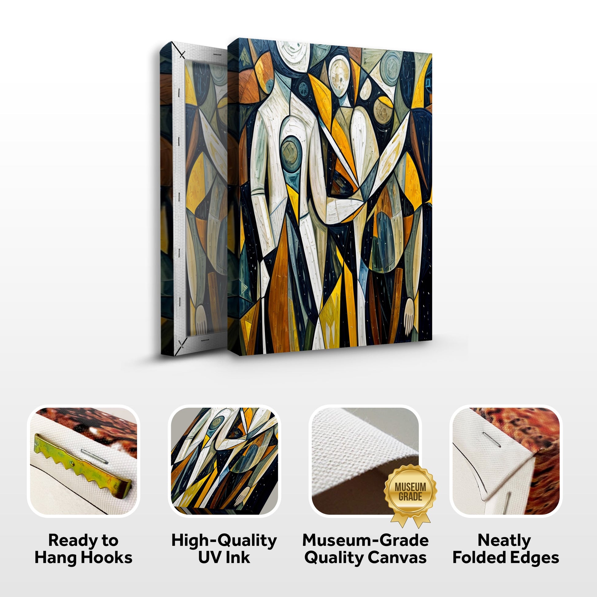 Abstract Human Connection Canvas Wall Art by Tailored Canvases; yellow, blue, white geometric hues on Tampa Home & Garden Store