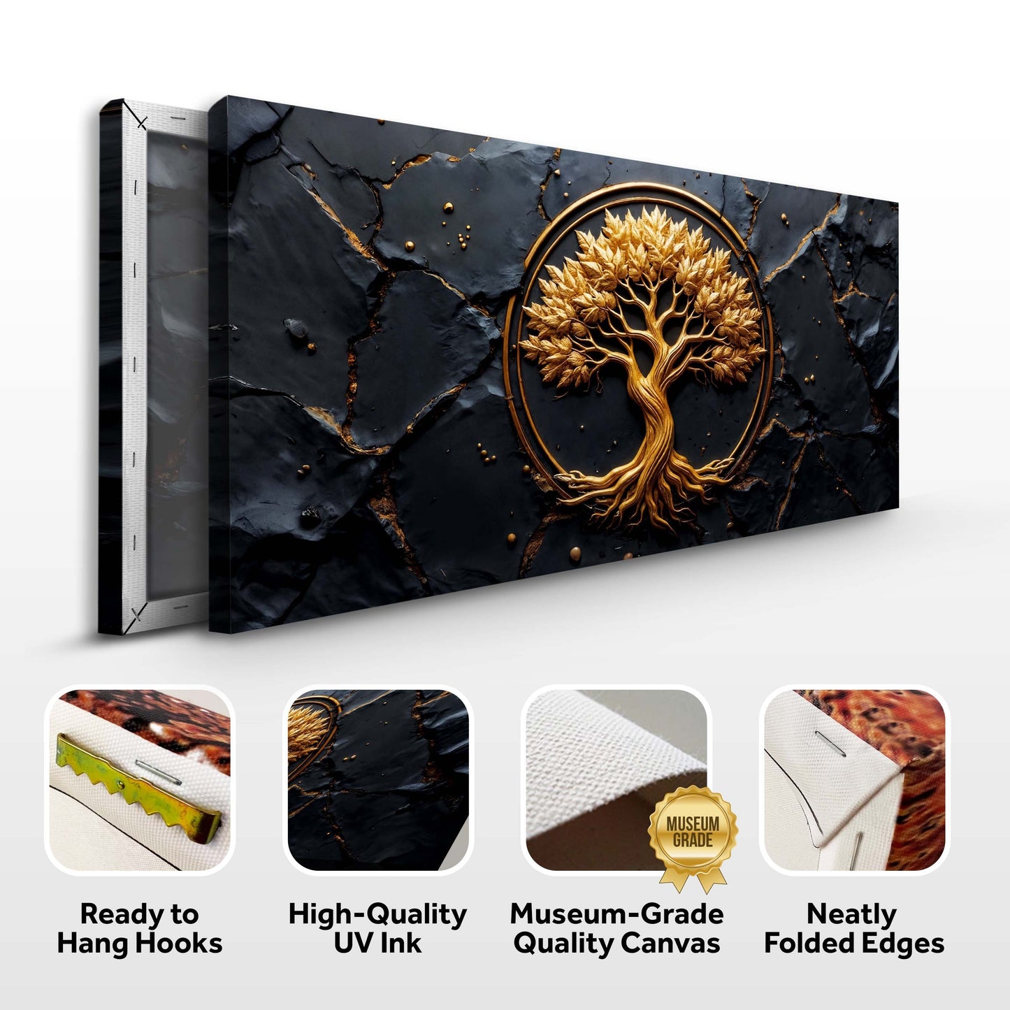 Golden Grove Wall Art canvas by Tailored Canvases with a gold tree medallion on a dark background on Tampa Home & Garden Store