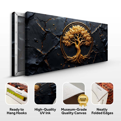 Golden Grove Wall Art canvas by Tailored Canvases with a gold tree medallion on a dark background on Tampa Home & Garden Store