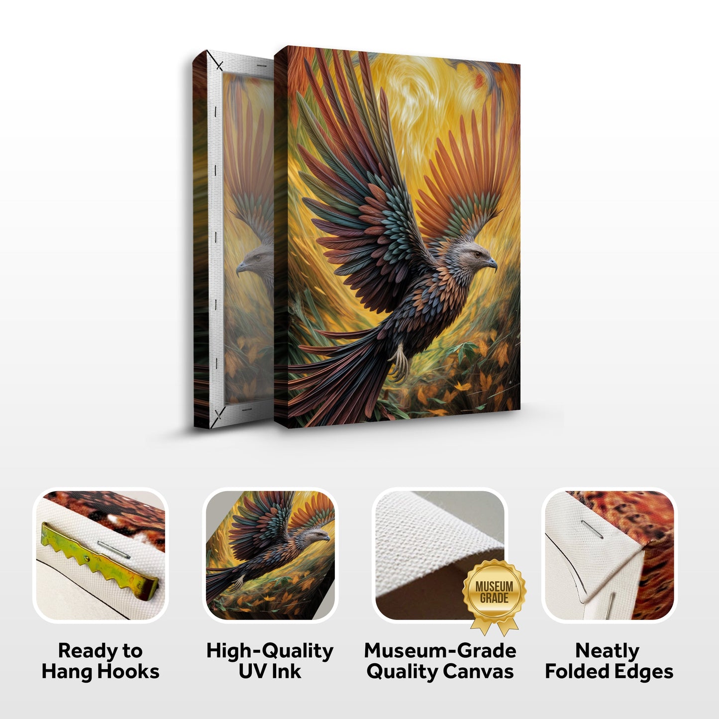 Flight Of Fancy Bird Wall Art canvas Tailored Canvases, vivid wings on yellow backdrop on Tampa Home & Garden Store