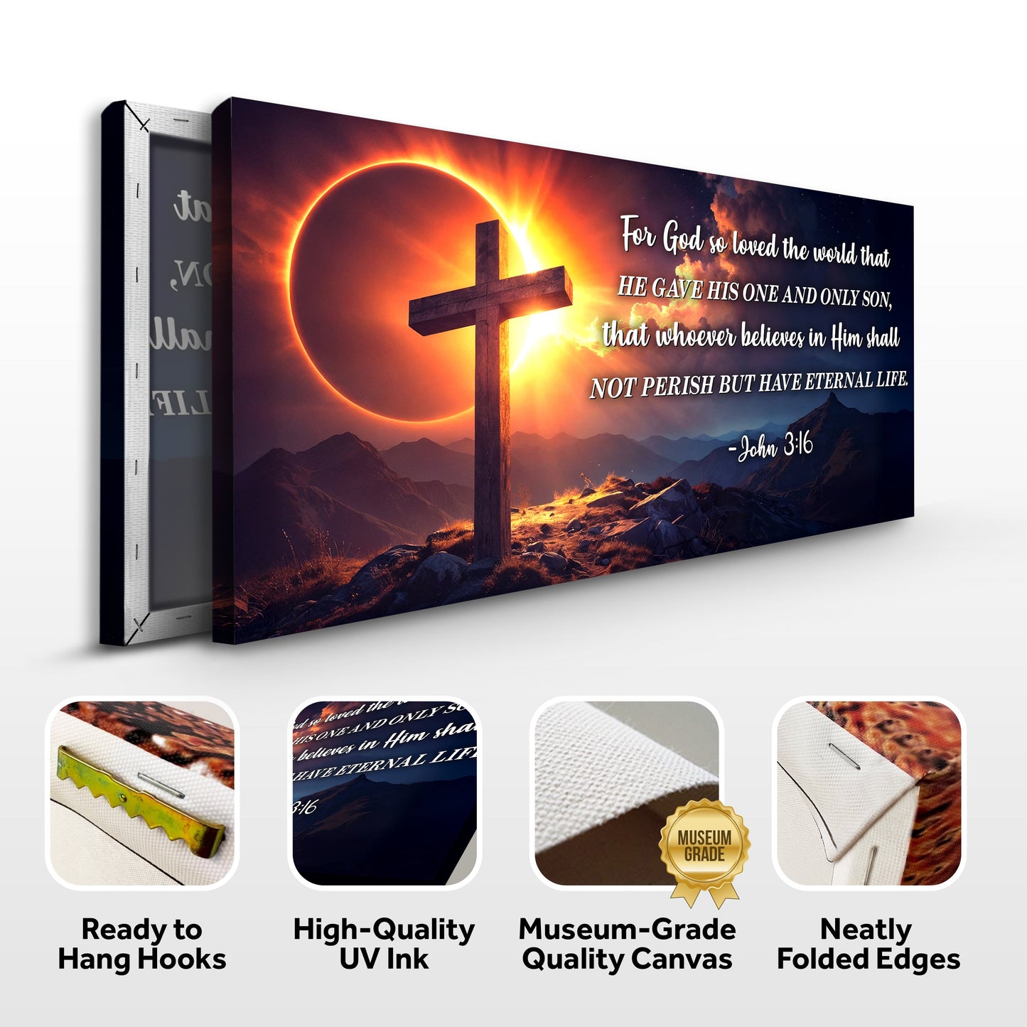 Canvas John 3:16 Faith Sign III by Tailored Canvases; sunset-lit cross with scripture text on Tampa Home & Garden Store