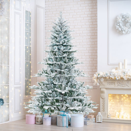 7 Feet Snow Flocked Artificial Christmas Tree with Cool White LED Lights