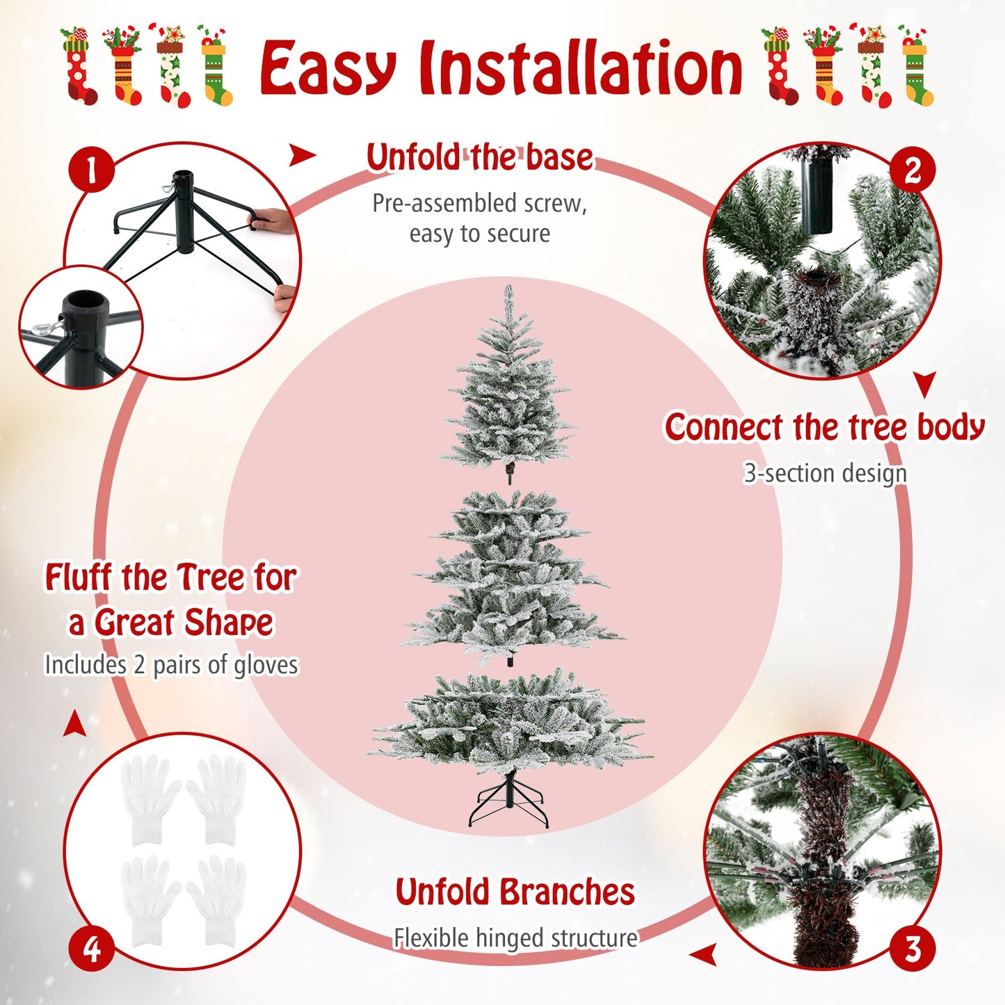 7 Feet Snow Flocked Artificial Christmas Tree with Cool White LED Lights