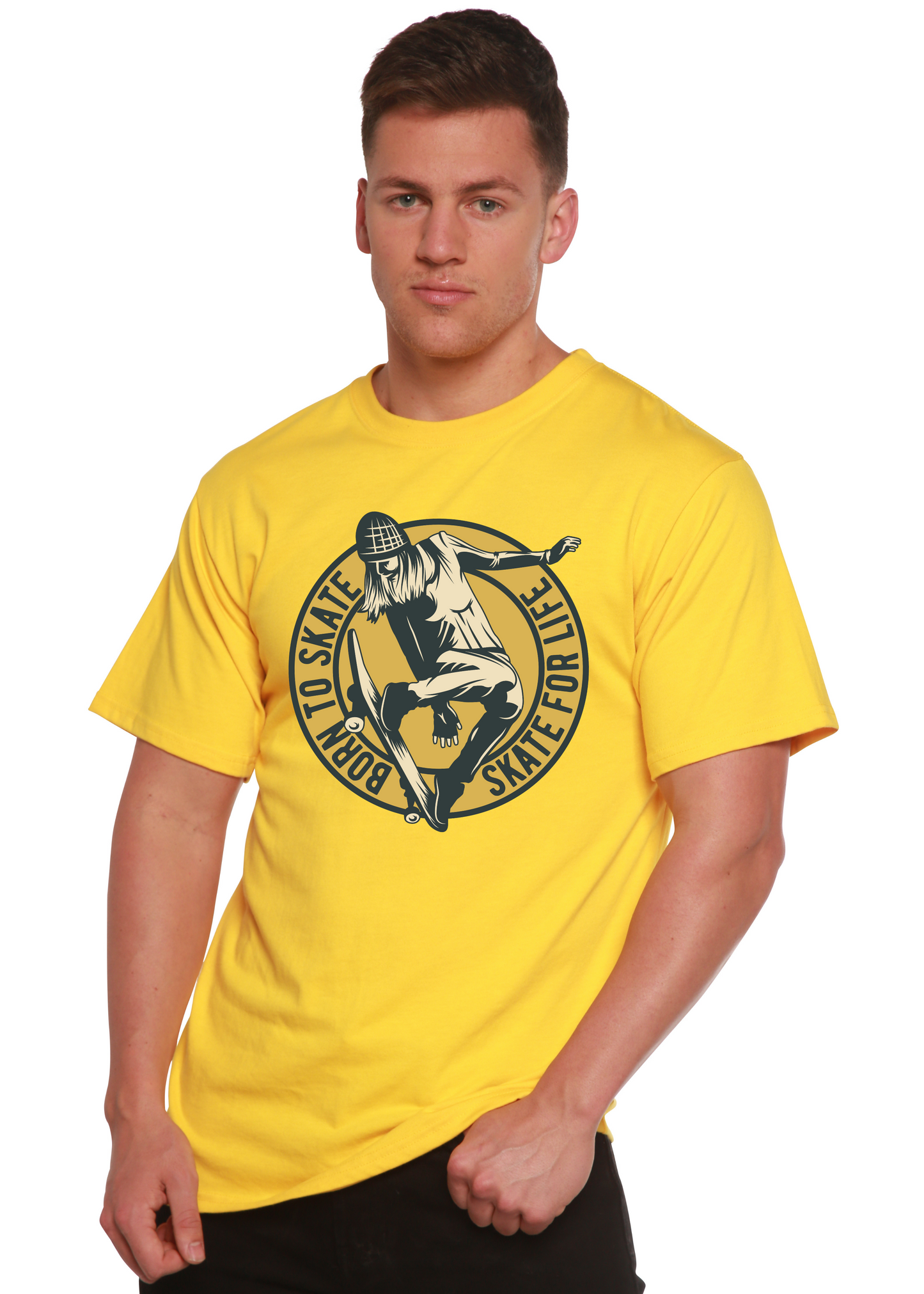 Skate For Life men's bamboo tee yellow with large skate graphic by Spun Bamboo on Tampa Home & Garden Store