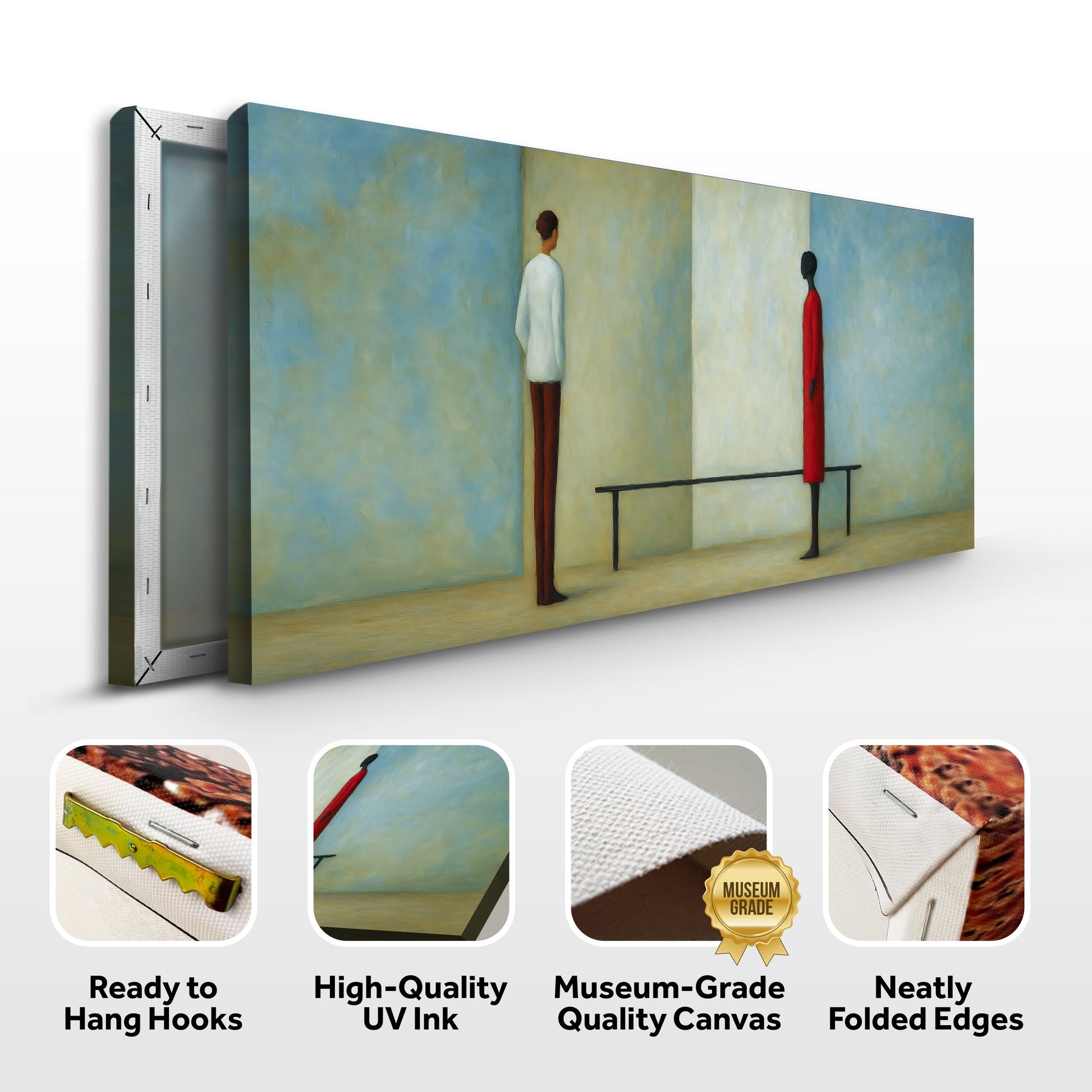 Confrontation Wall Art canvas triptych Tailored Canvases; white and red figures against blue on Tampa Home & Garden Store