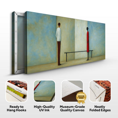 Confrontation Wall Art canvas triptych Tailored Canvases; white and red figures against blue on Tampa Home & Garden Store