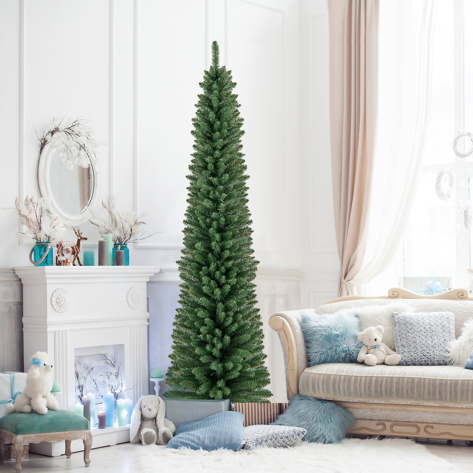 DirectDeals Pencil Christmas Tree, 5/6/7/8 ft, memory-wire branch tips, upgraded metal stand on Tampa Home & Garden Store