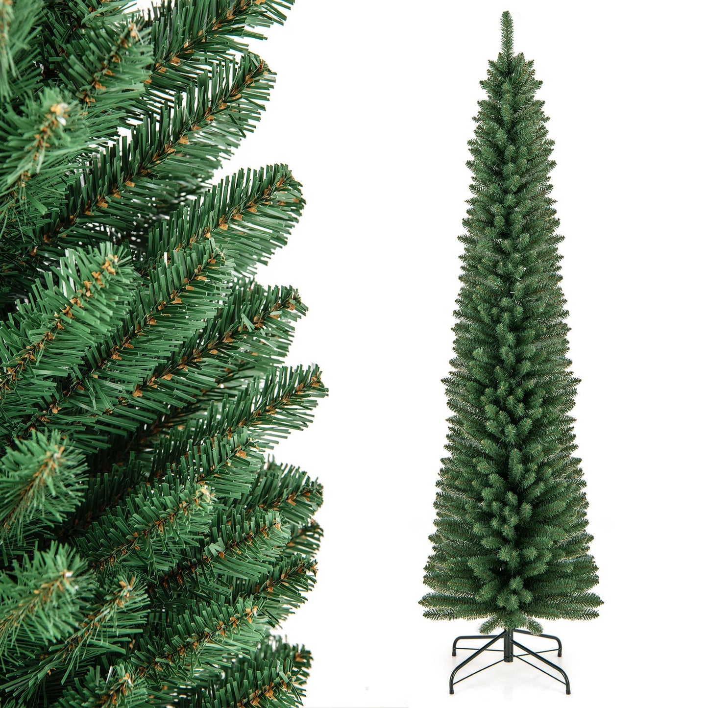 Pencil Christmas Tree, green artificial 5/6/7/8 ft with memory-wire branch tips and metal stand on Tampa Home & Garden Store