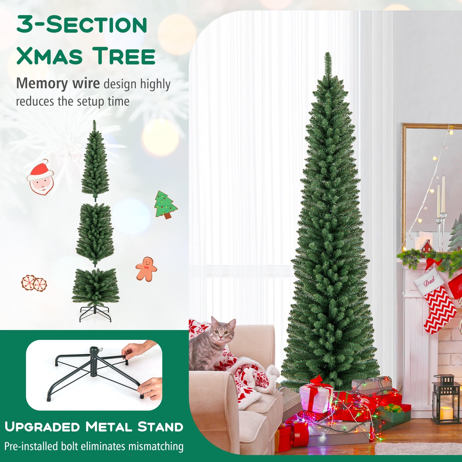Pencil Christmas Tree with memory wire branches and upgraded metal stand (5/6/7/8 ft) on Tampa Home & Garden Store