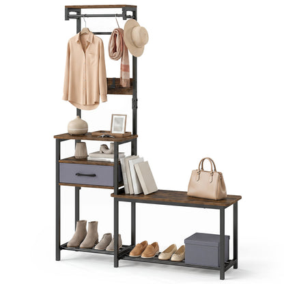 Hall Tree Shoe Bench and Storage Hooks Brown