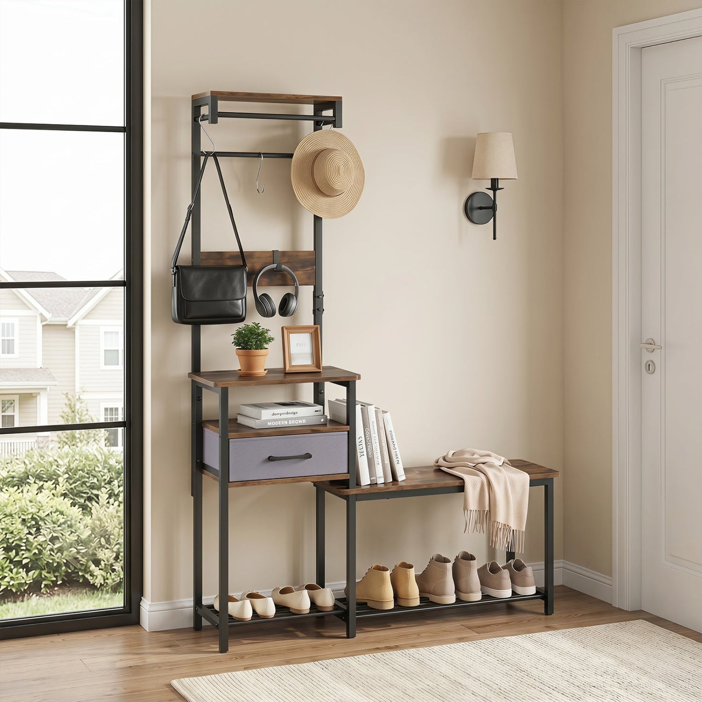 Hall Tree Shoe Bench and Storage Hooks Brown